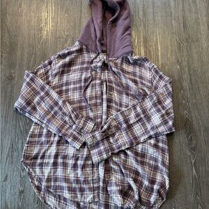 American Eagle Outfitters Purple Plaid Hooded Button-Up